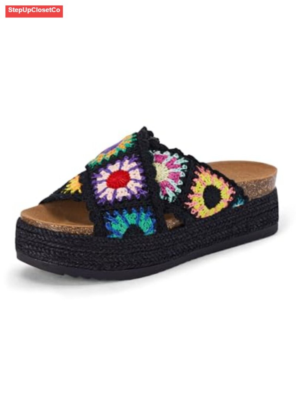 Floral Crochet Platform Espadrille Sandals with Cork Footbed